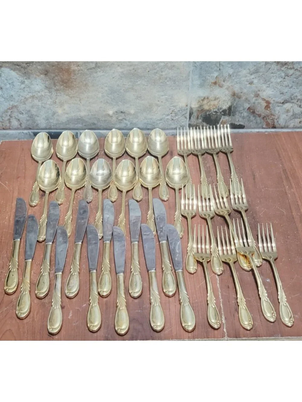36 Piece Classic Plume Gold Electroplated Flatware Marked Stainless Steel Korea